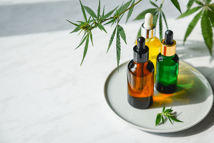 cbd tinctures on a plate with leaves on the background